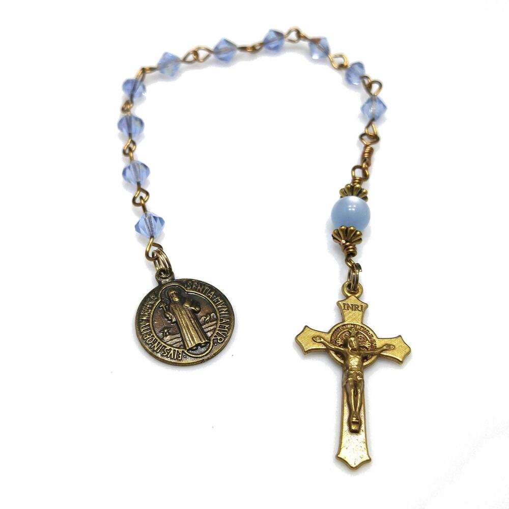 St. Benedict Blue Handmade One Decade Rosary, Blue Crystal Decade Beads